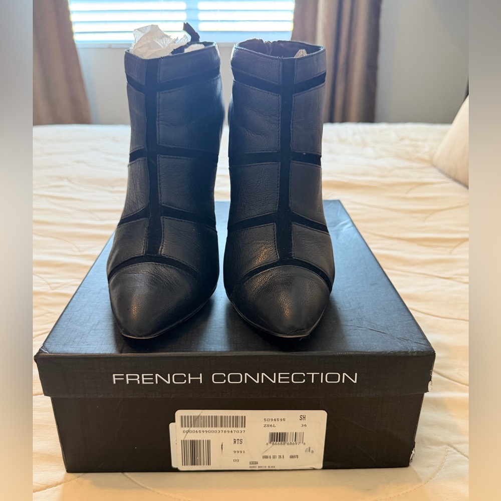 French Connection Black Leather & Suede Ankle Boots – Size 39.5 (US 8.5–9)